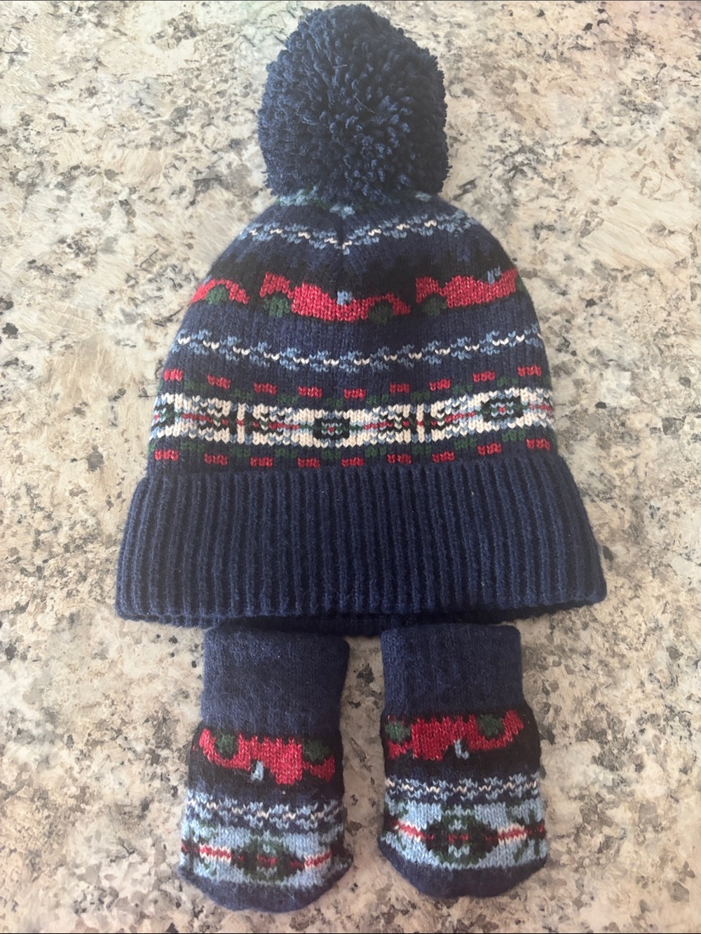 GAP Navy Pom Pom Beanie and Mittens Set with Red and Green Fair Isle
